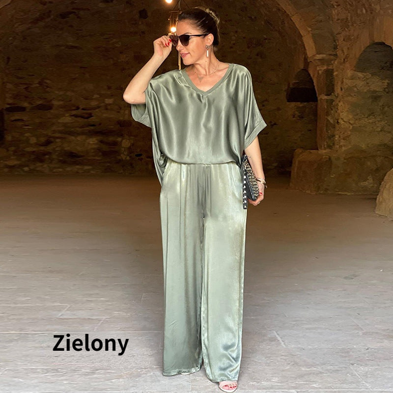 👚Elegancki dwuczęściowy błyszczący zestaw plus size z dekoltem w szpic