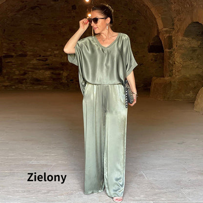 👚Elegancki dwuczęściowy błyszczący zestaw plus size z dekoltem w szpic