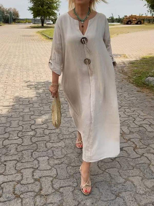 ✨👗Bawełniana lniana sukienka z dekoltem V - lekka i wygodna