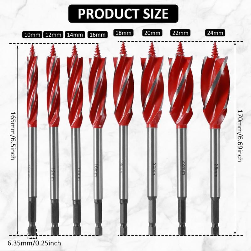 8-częściowy zestaw 4-ostrzowych wierteł ślimakowych do obróbki drewna