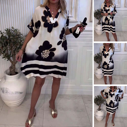 🌸😘Kobieca luźna sukienka z nadrukiem z głębokim dekoltem w szpic🔥