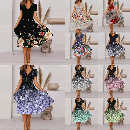 🌺Damska zwiewna sukienka z nadrukiem z dekoltem w szpic