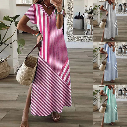 ✨Sukienka damska w paski z dekoltem w serek i rozcięciem