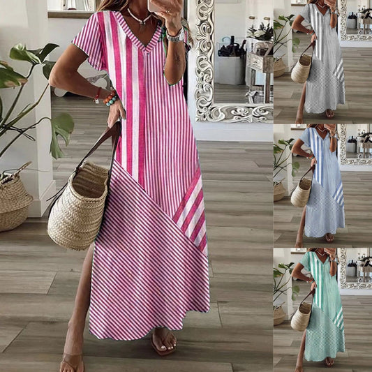 ✨Sukienka damska w paski z dekoltem w serek i rozcięciem