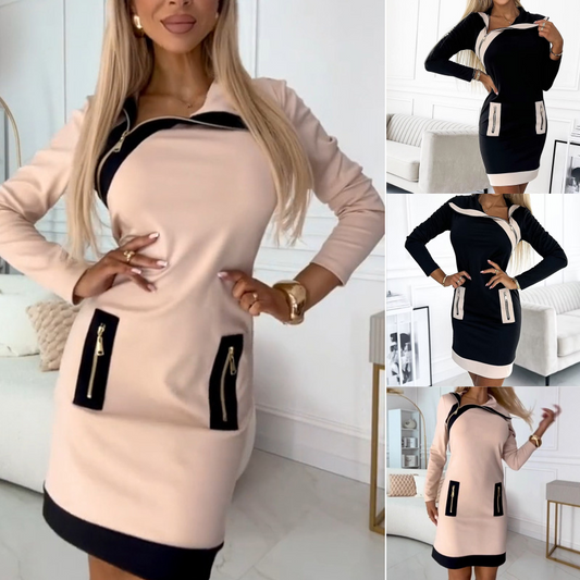 【S-3XL】✨💖Kolorowa, krótka sukienka damska z długimi rękawami i zamkiem błyskawicznym