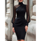 👗 Elegant midi-klänning med hög hals – figursydd silhuett för speciella tillfällen