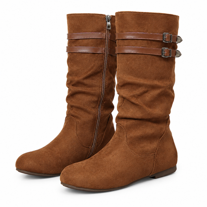 👢Dam Retro Mocka Slouchy Knähöga Stövlar Bekväm Platt Dubbel Spänne Höga Stövlar
