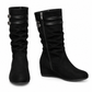 👢Dam Retro Mocka Slouchy Knähöga Stövlar Bekväm Platt Dubbel Spänne Höga Stövlar